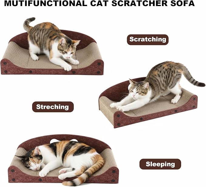 21" Cat Scratcher Bed, Scratcher Couch for Indoor Cats, Cardboard Scratcher Sofa, Durable Scratch Pad with Ball, Furniture Protector (Brown, Medium)