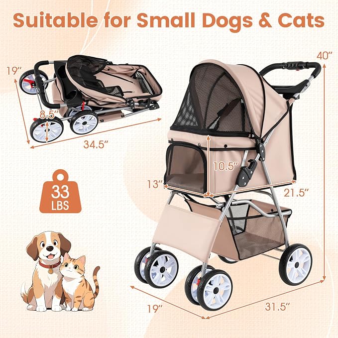 PETSITE 4 Wheels Pet Stroller, Foldable Dog Strollers for Small Dogs with Breathable Mesh, Waterproof Cover, Storage Basket, and Cup Holders, Ideal for Dogs Cats up to 33 lbs (Beige)