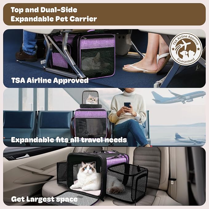 Top and 2 Sides Expandable Pet Carrier 17x11x9.5, TSA Airline Approved Small Dog Carriers for Small Dogs, Soft-Sided Cat Carrier with Self-Locking Zippers for Kitten,Rabbit, Puppy, Guinea Pig Purple
