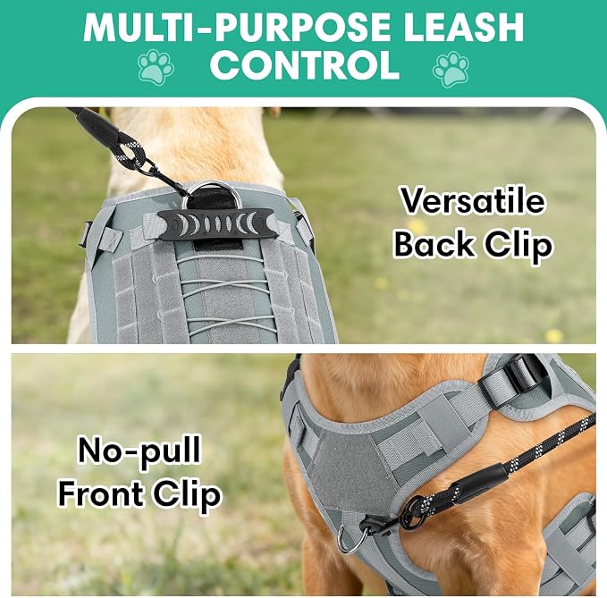 YooxArmor No Pull Dog Harness and Leash Set, Tactical Adjustable for Large Dog, Easy Walk Soft Vest Padded Oxford for Training Hiking (Gray-L)