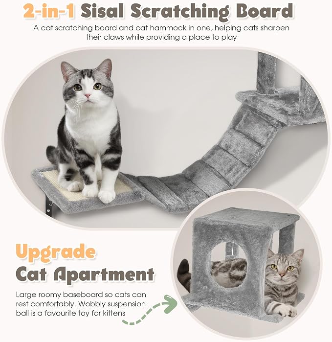 7-in-1 Cat Wall Shelves, Space-Saving Wall Mounted Cat Shelves, Cat Climbing Wall Systems for Play & Rest Includes Tunnel, House, Bridge, Steps, Scratcher, Hammock, Shelves, Gray