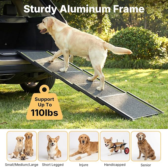 Veehoo Telescoping Large Dog Ramp for Car Truck SUV Pet Ramps 71" L & 20" W | Extra Wide Dog Steps Outdoor Lightweight Cars Ramps with Non-Slip Rug Surface, Portable Foldable Dogs Stairs Up to 110lbs