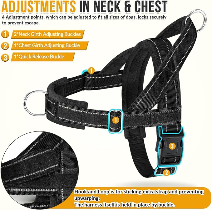 SlowTon No Pull Dog Harness with Front Clip - Heavy Duty, Soft Padded | Neck & Chest Adjustable, Tactical Pet Vest and Leash Set for Large Medium Sized Dogs, for Easy Walk & Training, Black S