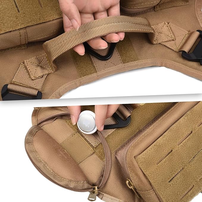AIWAI Tactical Dog Harness with Handle for Large Dogs,2X Metal Buckle, Dog MOLLE Vest with Pockets,No Pull Adjustable Pet Harness, Easy Control Dog Vest Harness for Working Training (Khaki, Medium)