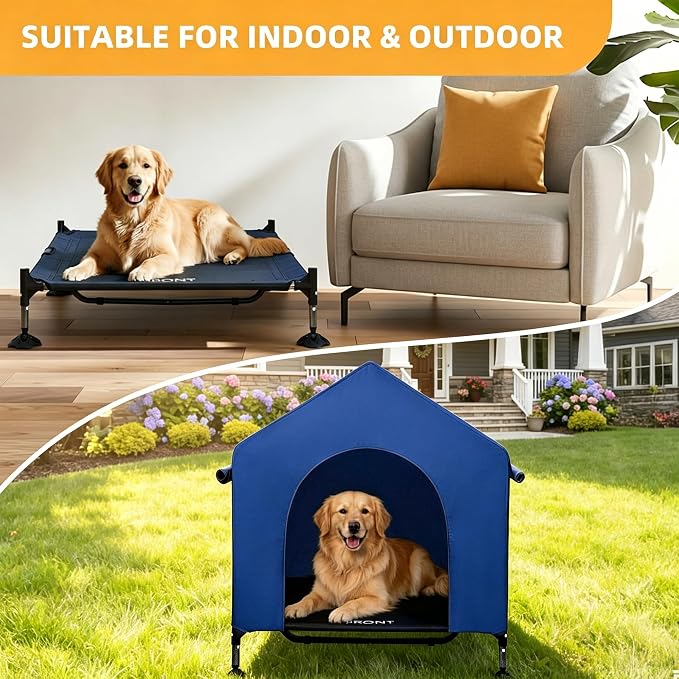 Dog House, 42” Large Dog Houses Outdoor Indoor Elevated Dog Cot Bed | 2-in-1 Outside Dog Tent Shade, Three-Sided Breathable Mesh Windows, Easy to Install, Waterproof Canopy, Non-Slip Feet
