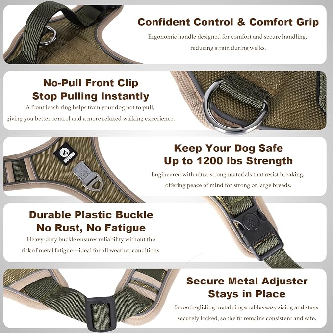No-Pull Dog Harness for Extra Large Dogs, 1680D Oxford Tactical Dog Harness Reflective Adjustable Heavy Duty Dog Harness, Padded Handle for Walking, Training, Outdoor Control (Khaki, XL)
