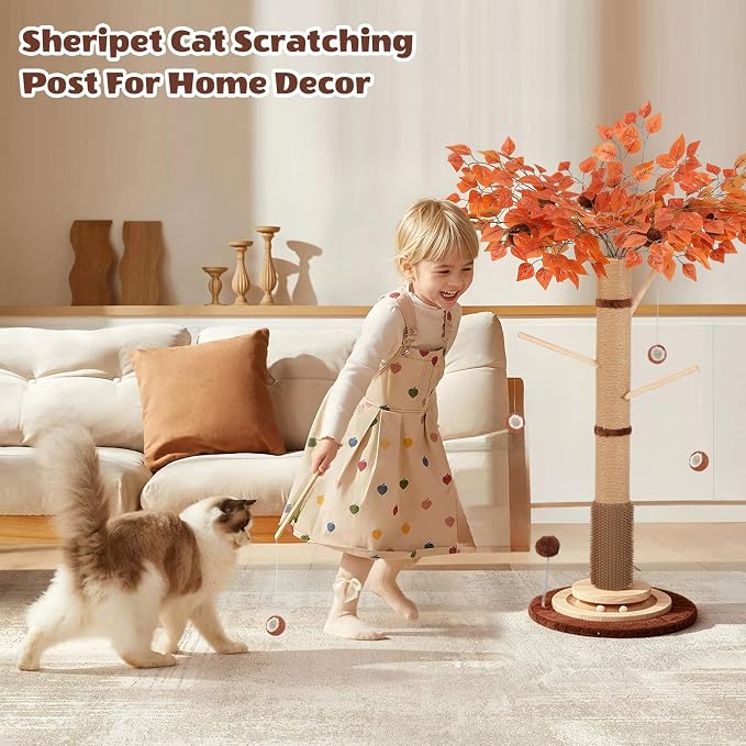 46" Extra Tall Cat Scratching Post with Toy for Large and Adult Indoor Cats | Sisal Cat Scratcher Tree with 3D Leaves, Hanging Plush Ball, Stable Wooden Base with Ball Track Toys
