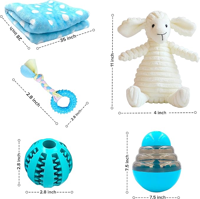 SoSoCute Blue Dog Gift Box - Puppy Chew Toy Set of 5 - Care Package with Dog Blanket, Squeaky Plush, Rubber Puppy Teether, Teething Ball, and Treat Ball for Small and Medium Dogs