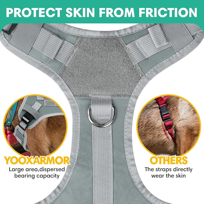 YooxArmor No Pull Dog Harness and Leash Set, Tactical Adjustable for Medium Sized Dog, Easy Walk Soft Vest Padded Oxford for Training Hiking (Gray-M)