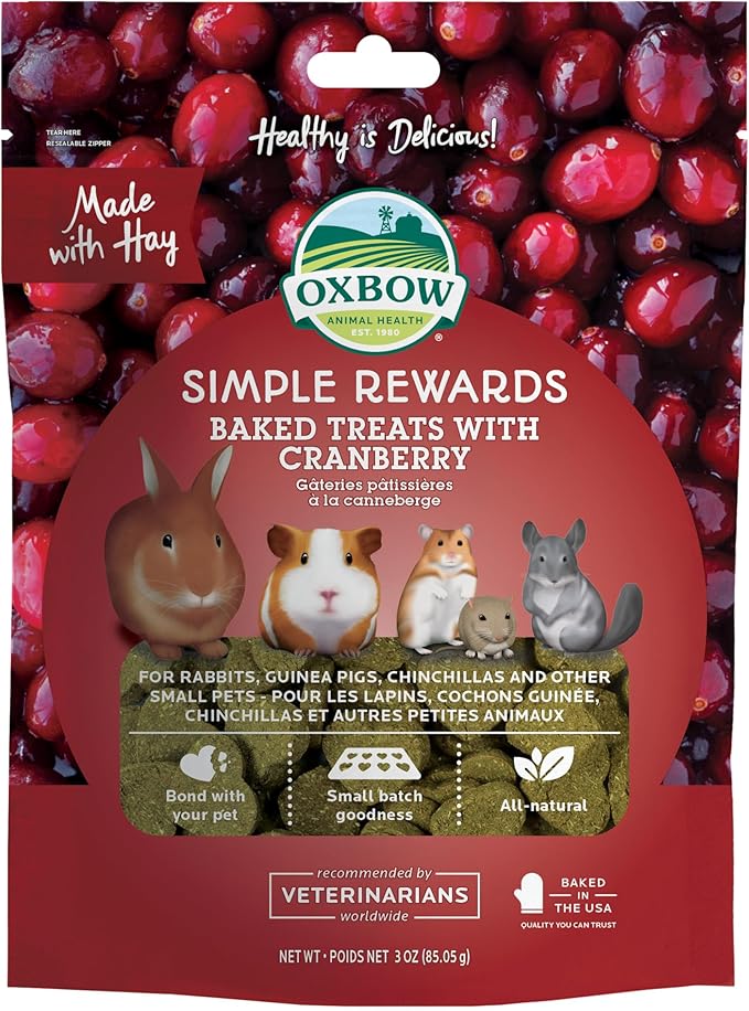 Oxbow Simple Rewards Baked Cranberry Treats, Rabbit & Guinea Pig Treats Made with Timothy Hay, Healthy Guinea Pig, Hamster & Bunny Snack, Timothy for Rabbit, Made in USA, 3 oz Bag