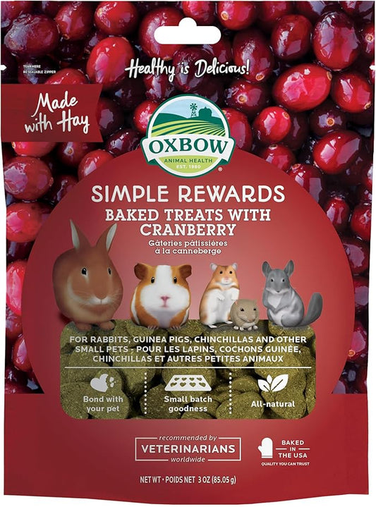 Oxbow Simple Rewards Baked Cranberry Treats, Rabbit & Guinea Pig Treats Made with Timothy Hay, Healthy Guinea Pig, Hamster & Bunny Snack, Timothy for Rabbit, Made in USA, 3 oz Bag