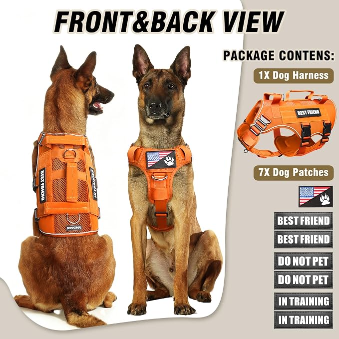 Air Mesh Tactical Dog Harness with Metal Buckles&MOLLE,Orange XL | Breathable Adjustable No Pull Service Dog Vest with 3 Padded Handles,Military Dog Harness for Training Hiking Hunting Working