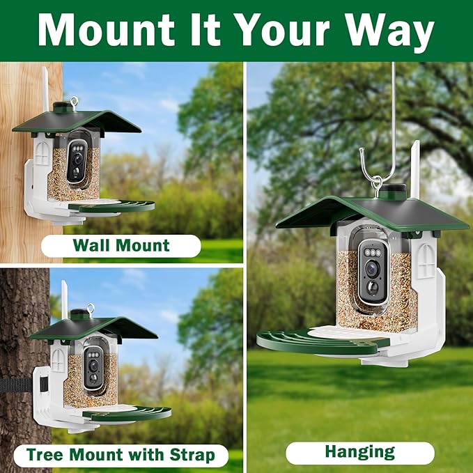 Jarkyfine Smart Bird Feeder with Camera Solar Powered - AI Bird Identification, 2.4Ghz WiFi, 2K HD Video Live Stream Camera, 3MP Photos, 2.9in Focus, Gifts for Mom Dad Birdlovers, Green