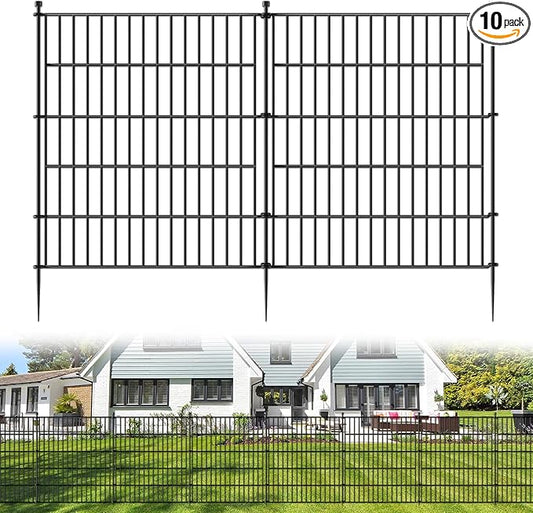 10 Panels No Dig Decorative Outdoor Garden Fence for Yard, 32 in(H) X 23.6 ft(L) Animal Barrier Fencing Rustproof Metal Wire Panel Border for Dog, Rabbits, and Patio Temporary Ground Stakes