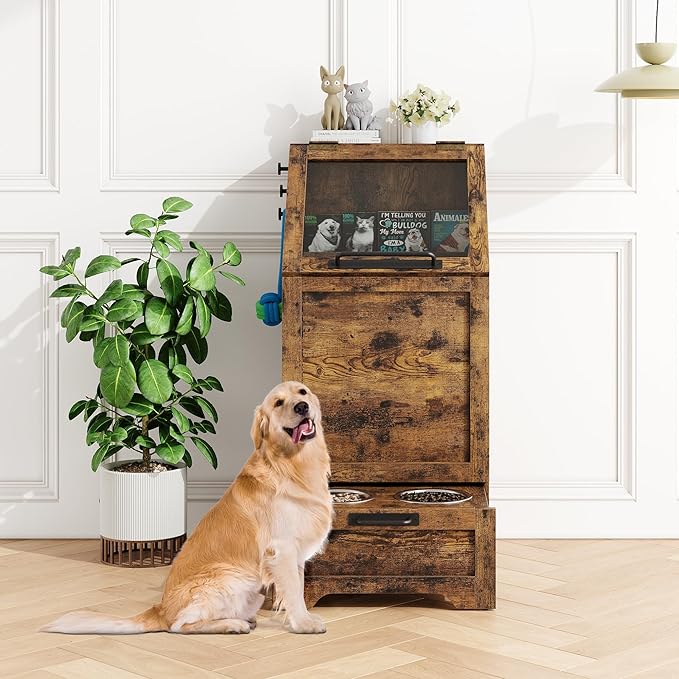 Garvee Dog Feeding Station with 2 Elevated Bowls, Brown | Wooden Dog Food Storage Cabinet, Flip Top Pet Feeding Station, Food Storage Container, Pet Toy Organizer