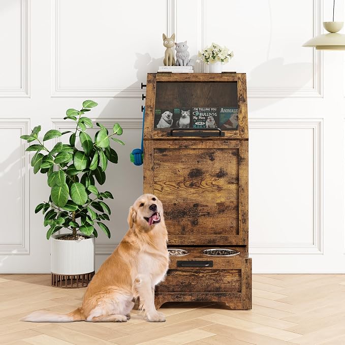 Dog Feeding Station with 2 Elevated Bowls | Pet Feeding Station,Flip Top Dog Food Storage Cabinet, Food Storage Container,Pet Toy Organizer,Modern Organizer, Brown