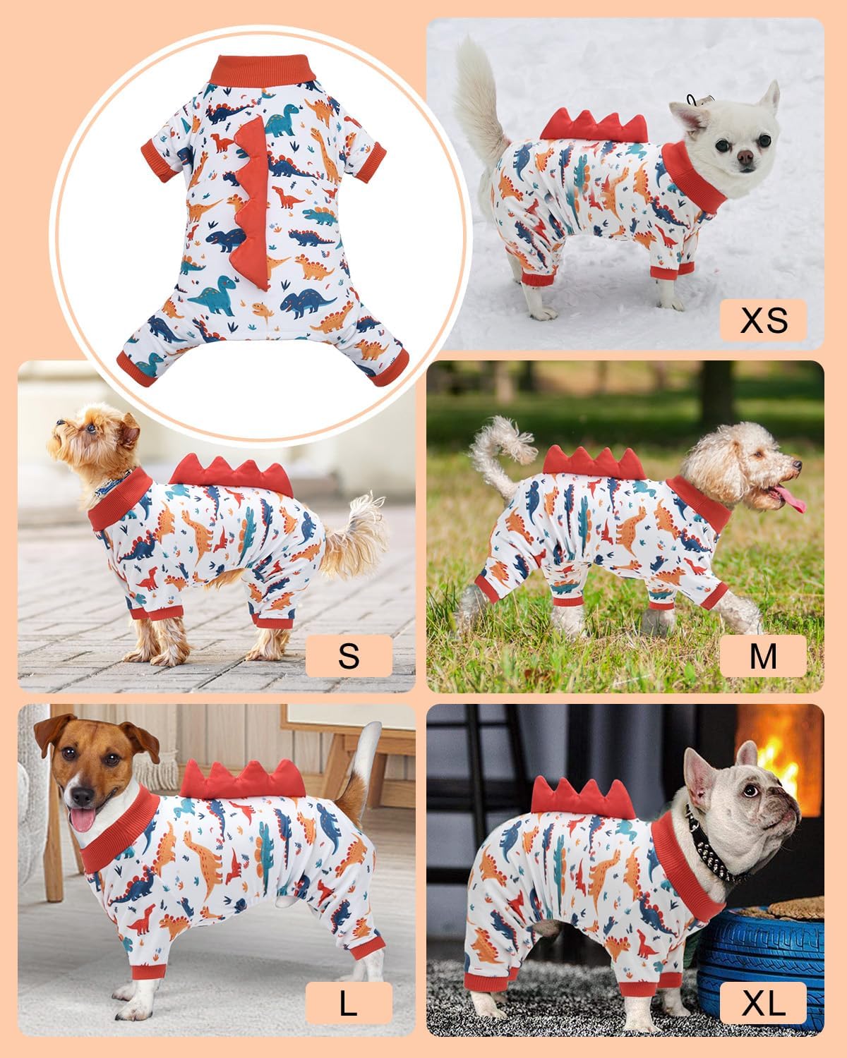 CuteBone Dinosaur Costume Dog Pajamas, Stretchy Spandex Crystal Velvet Sleepwear Coat for Small Dogs, Soft & Warm Pet Outfit Clothes for Cold Weather, Cozy Pullover Design COSP02L