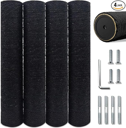 Gothic & Goth Cat Tree Tower Replacement Post - Black, 4 Pack, 15.7in Scratching Post Pole with M8 Screws, Natural Sisal for Cat Tree Repair & Rebuild