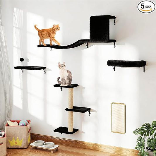5 Pcs Wall-Mounted Climber Set, Wood Indoor with Shelves and Perches, Ladder, Condo House, Scratching Board and Tree, Wall Shelves Furniture for Cats (Black)