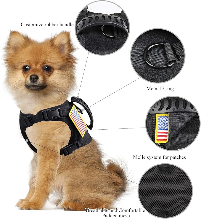 Tactical Service Dog Harness Vest,K9 Adjustable Military Working Harness Water-Resistant Comfortable Training MOLLE Dog Vest with Handle, with 2 Patches (XS, Black)