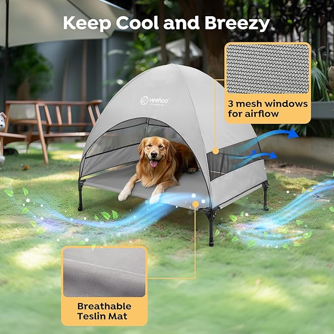 Veehoo Outdoor Dog Bed with Canopy, Cooling Elevated Dog Shade for Outside | Portable Raised Dog Cot with Removable Shade, Sun Protection Dog Tent Outdoor for Camping, Beach, 42" x 33.5", Grey