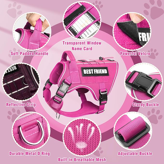 Tactical Dog Harness Small Sized Dog,No Pull Military Dog Vest with Handle,Reflective Heavy Duty Pet Harness for Walking Hiking Training Hot Pink S