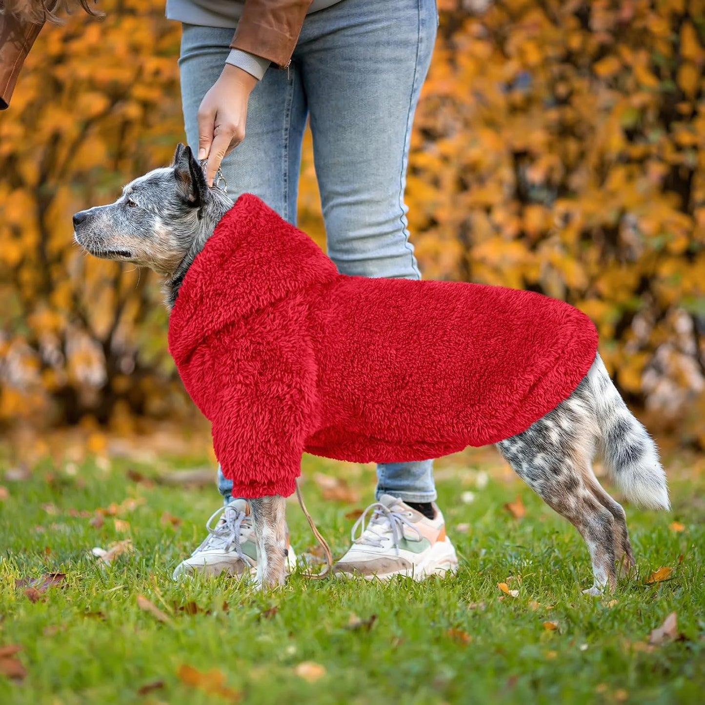 Fuzzy Dog Sweaters for Large Dogs Soft Double-Sided Plush Fleece Pet Sweater Clothes Pet Coats Dog Hoodie Sherpa Hooded Sweatshirt(Red-XXL)