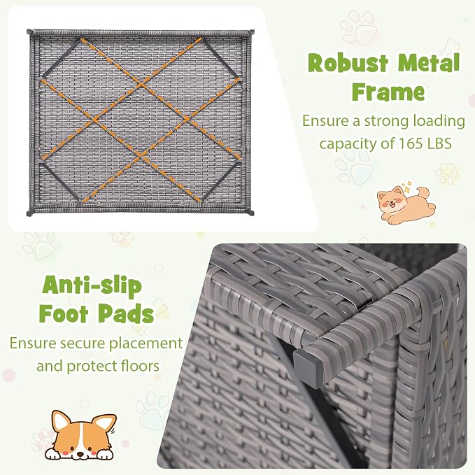 Giantex Outdoor Wicker Dog House with Roof Canopy, Elevated Rattan Dog Bed with Washable Cushion, Weatherproof Patio Pet Bed for Small Medium Dogs, Heavy Duty Metal Frame, 165 lbs, Gray