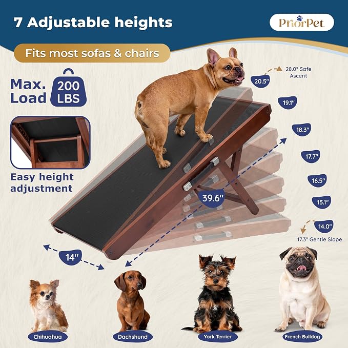 Dog Ramp for Couch – Non-Slip, Sturdy Build Foldable Wooden Dog Ramp – Supports up to 200 lbs – 7 Adjustable Heights (14"–20.5") – Enhanced Stability – Birchwood Pet Ramp for Small Dogs – Walnut