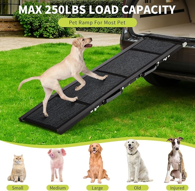 GarveeLife 63 in Long Dog Ramp for Cars, 20 in Wide Folding Pet Ramp for Large Dogs with Non-Slip Surface Portable Dog Car Ramp for SUV Car & Truck, Outdoor Dog Ramp Up to 250 LBS