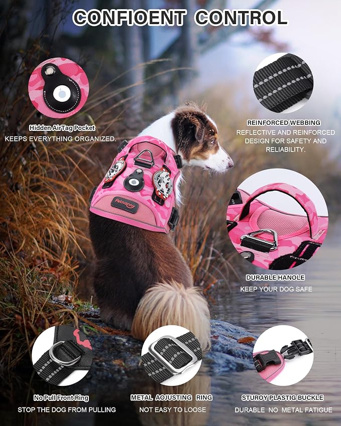 Petnanny Tactical Dog Harness No Pull Service Dog Vest L Pink Camo | Tactical Dog Vest with breathable mesh & hook loop panel, no pull harness for walking training, adjustable fit