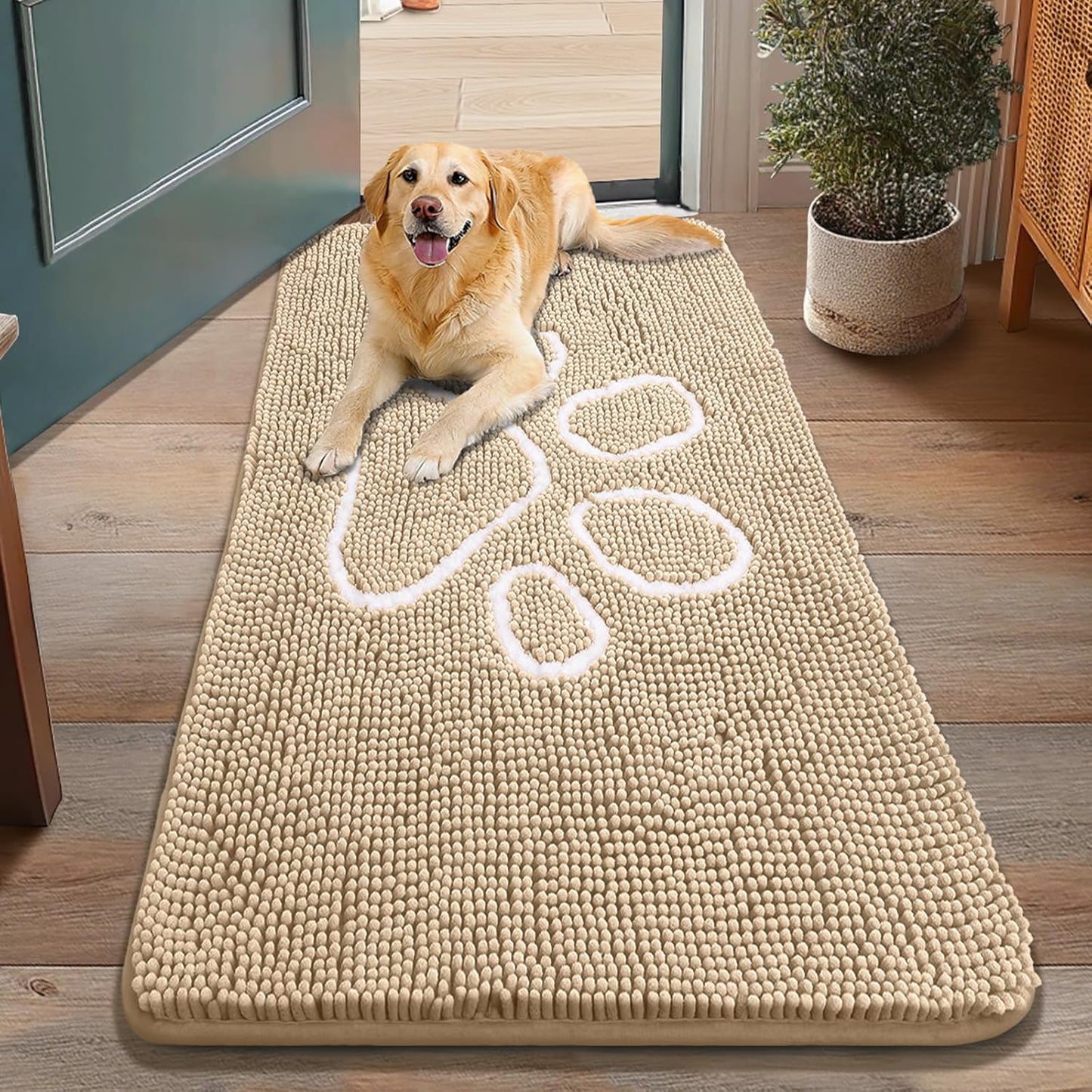 Smiry Dog Door Mat for Muddy Paws, Absorbent Dirt Trapper Non Slip Quick Dry Washable Chenille Mat for Mud Dogs, Entry Rug for Indoor and Outdoor (48x30 Inches, Beige)