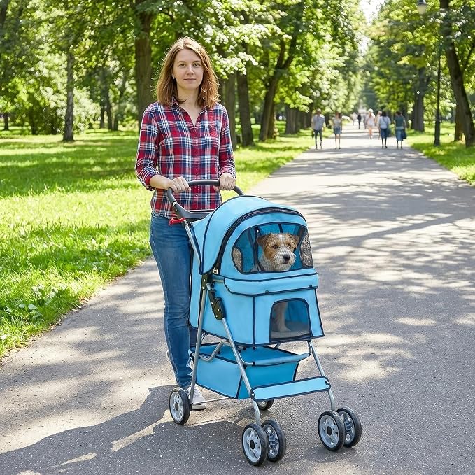 BestPet 4 Wheels Pet Stroller Cat Dog Cage Stroller Travel Folding Carrier 04T | Waterproof ,Storage Basket,Cup Holder & Removable Liner,Folding, Lightweight,Blue