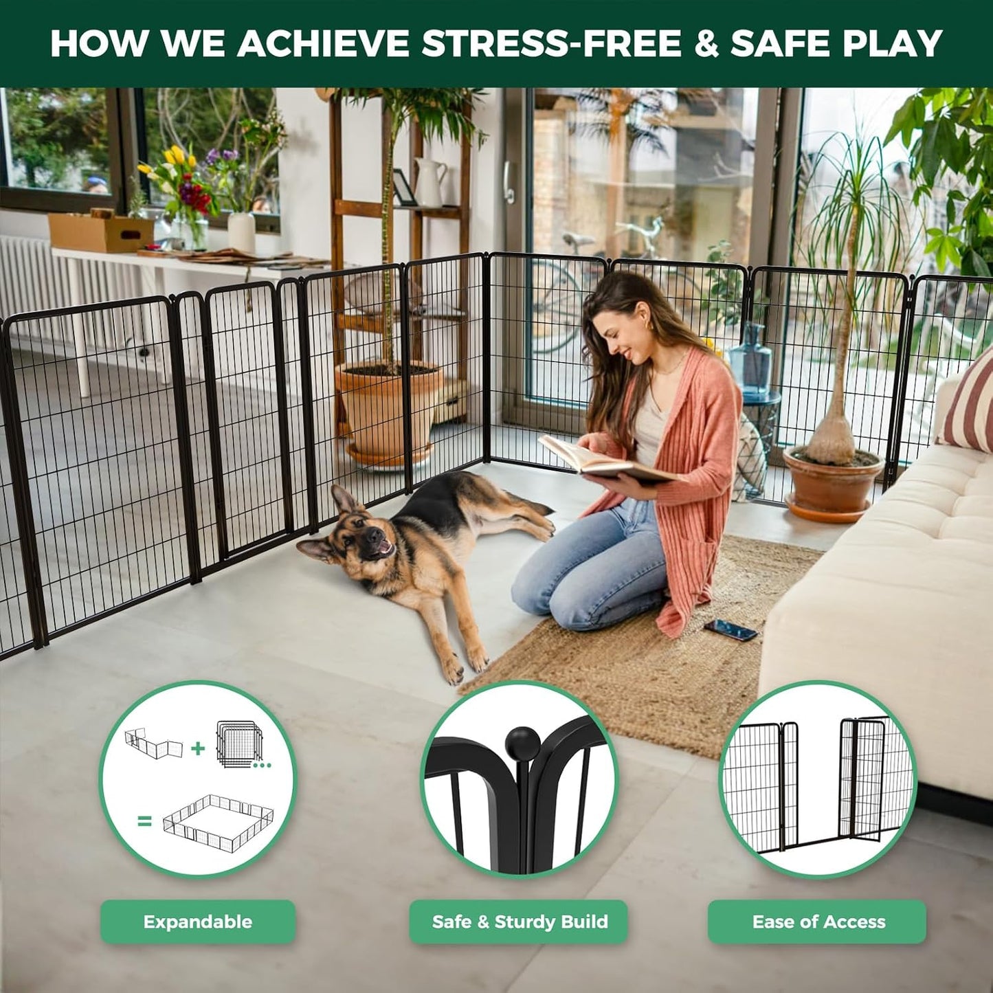 FXW Homeplus Unleashed Indoor Dog Playpen - Stress-Free and Safe Play, Heavy Duty 45 Inch 6 Wire Panels Dog Pen for Large Dogs, Black│Patented