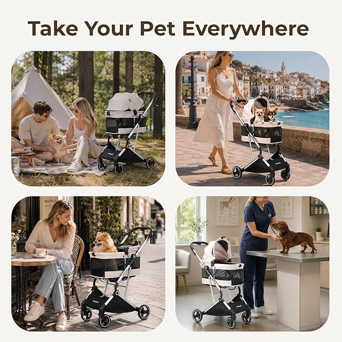 T4 Pet Stroller for Small Medium Dogs, Cat Strollers for 2 Cats, 4 Wheels Folding Pet Stroller for Cats with Pad, Canopy and Cup Holder, Black
