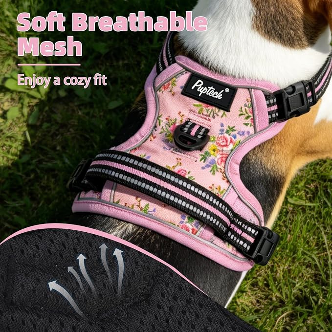 PUPTECK No Pull Tactical Dog Harness Medium Sized, Adjustable Reflective Dog Harness with Handle Easy Control, Comfortable Soft Padded Pet Vest Harness for Medium Dogs, Pink Flowers M