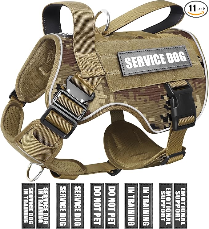 2X Metal Buckle Service Working MOLLE Dog Vest with 10 Pet Patches | Tactical Dog Harness for Large Dog, No-pull Military Working Vest for Training Hunting Walking，2x D Rings for Leash Clip