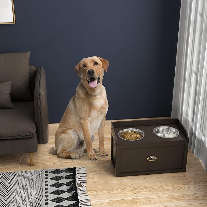 Dog Feeding Station with Storage Drawer & 2 Removable Stainless Steel Bowls | Elevated Design|Wood Construction|Ideal for Kitchen Living Room or Utility Area