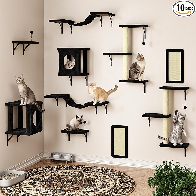 10 Pcs Cat Wall Shelves Set, Wall-Mounted Climber with Cat House, Scratching Post, Bridge, Hammock, Space-Saving Play Furniture, Black