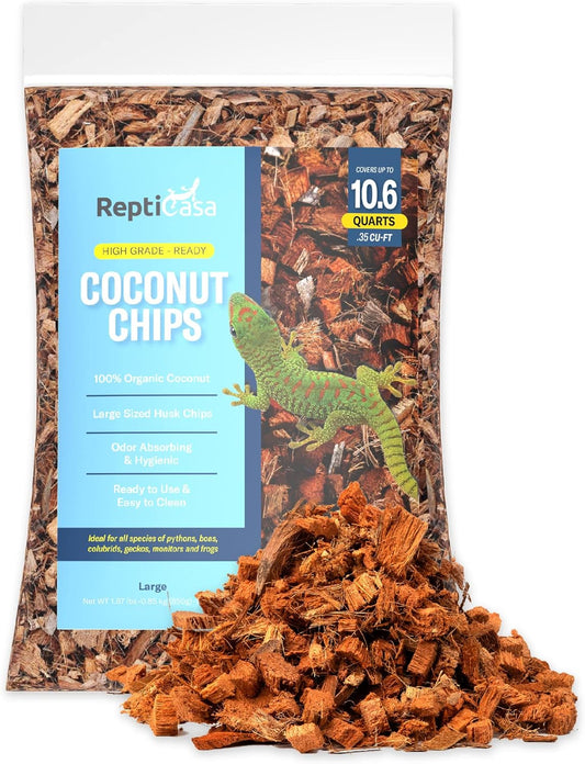 Organic Coconut Chips Substrate Clean & Ready to Use for Reptiles, Snake, Tortoise, and Amphibian, Natural Fiber Free Husks, Clean Breeding and Bedding Flooring, Odor Absorbing - 10.6 Quarts