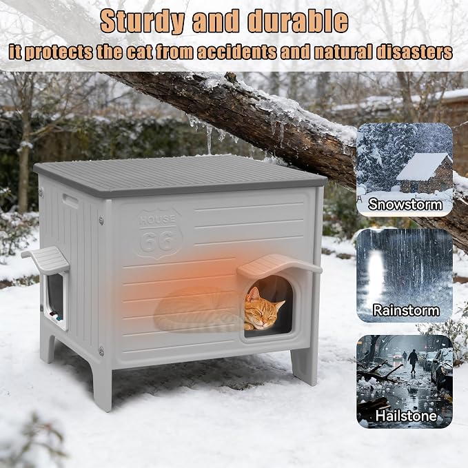 Heated Cat House for Outside with Insulated Liner | Outdoor Cat House Weatherproof,Plastic,Easy to Assemble Easy to Clean