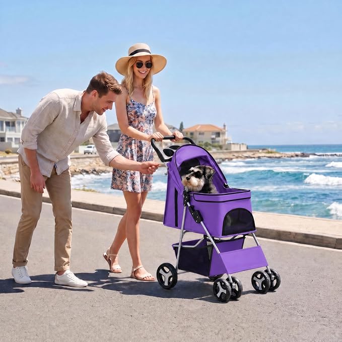 ZENY Foldable Pet Stroller, Cat/Dog Stroller with 4 Wheel, Pet Travel Carrier Strolling Cart with Storage Basket, Cup Holder (Purple)