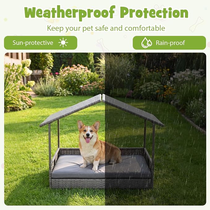 Giantex Outdoor Wicker Dog House with Roof Canopy, Elevated Rattan Dog Bed with Washable Cushion, Weatherproof Patio Pet Bed for Small Medium Dogs, Heavy Duty Metal Frame, 165 lbs, Gray