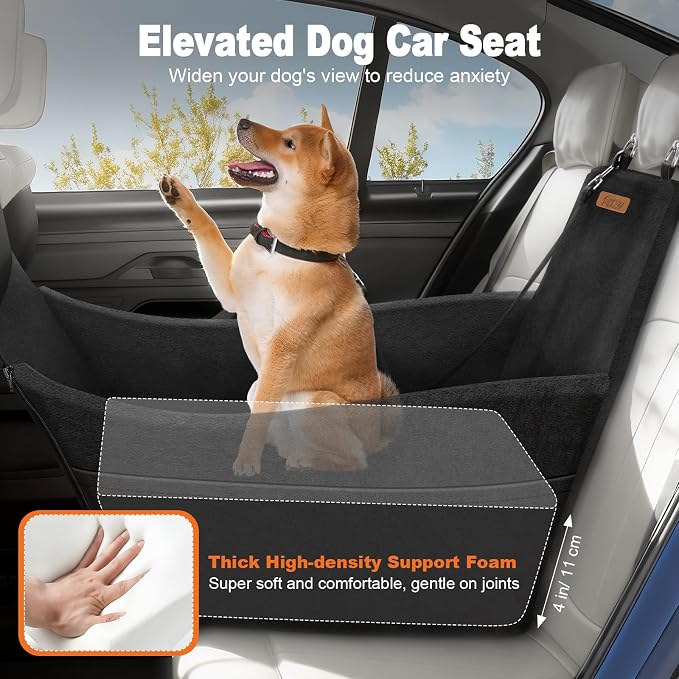 Elevated Dog Car Seat for Small and Medium Dogs Up to 35 lb | 4" High-Density Foam Dog Car Bed, 2 Storage Pockets,3 Safety Belts,Fully Removable and Washable for Easy Care,Black