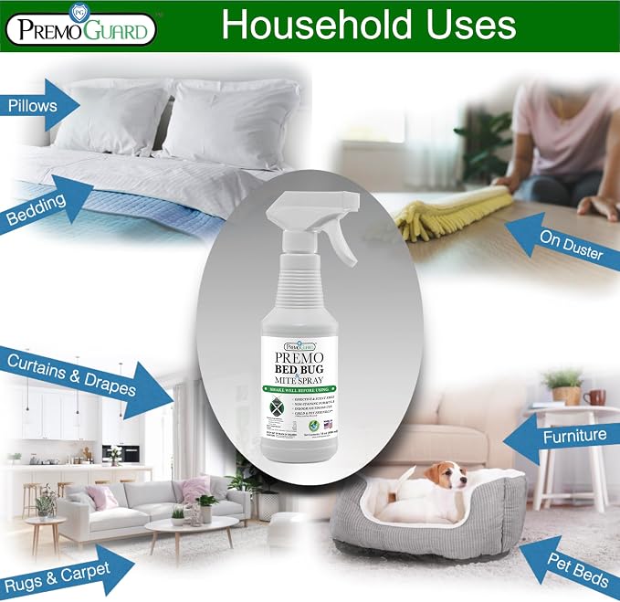 Premo Guard Bed Bug & Mite Killer Spray - 100% Kill Rate Formula, 16 oz | University Tested, Safe for Bedding, Furniture, Fabrics, and Clothing, Non Toxic, Stain & Scent Free, Child & Pet Safe