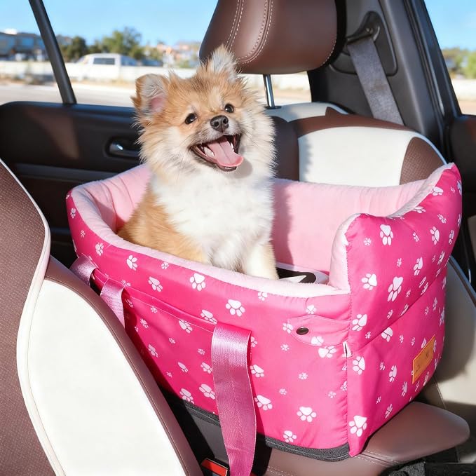 Center Console Dog Car Seat for Small Medium Dogs Up to 21 Lbs | Memory Foam Booster With Safety Leash, Washable Cover, Rose Red