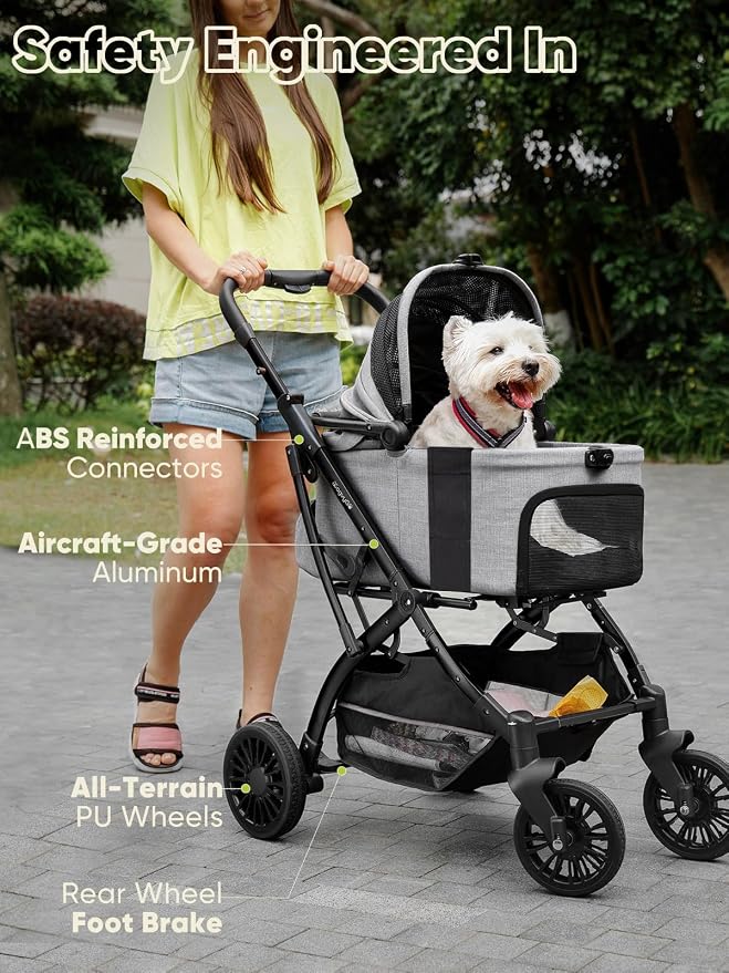 Small Dog Stroller, Pet Stroller for Small Dogs, 5-in-1 Dog Strollers - Fold All in One Without Detaching Carrier, Pet Strollers with Removable Waterproof Carrier for Dogs Cats 10 lbs 20 lbs - Grey