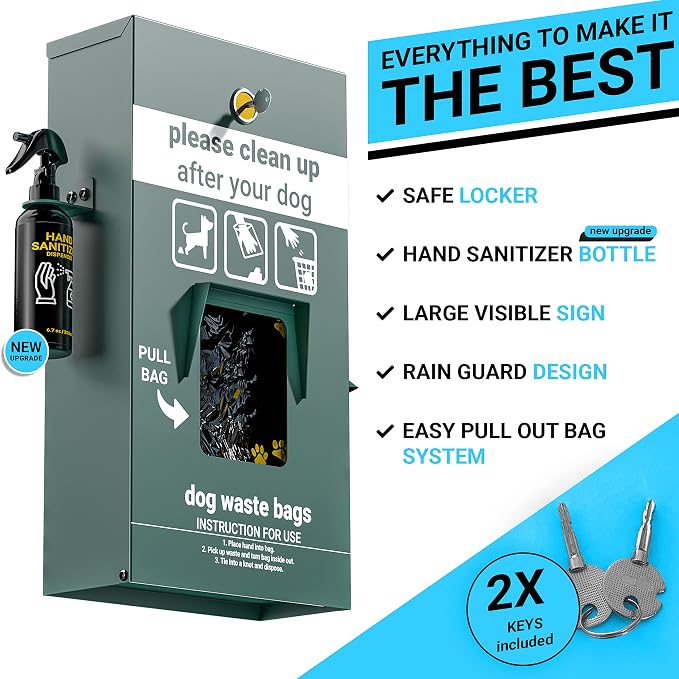 Flash Furniture Locking Dog Waste Bag Dispenser with Glow In The Dark Sign | Hand Sanitizer Bottle, Rain Guard, 400 Pull Out Header Bags Included, Durable Construction, Commercial Use