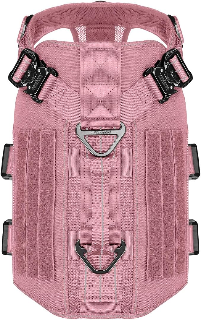 ICEFANG Tactical Mesh Dog Harness for Large Dogs,Reflective Dog Molle Vest | Summer-Cooling, Control Handle,Adjustable,Front Hook,3 Leash Clips,Soft Padded,No Pull,Pink,Large