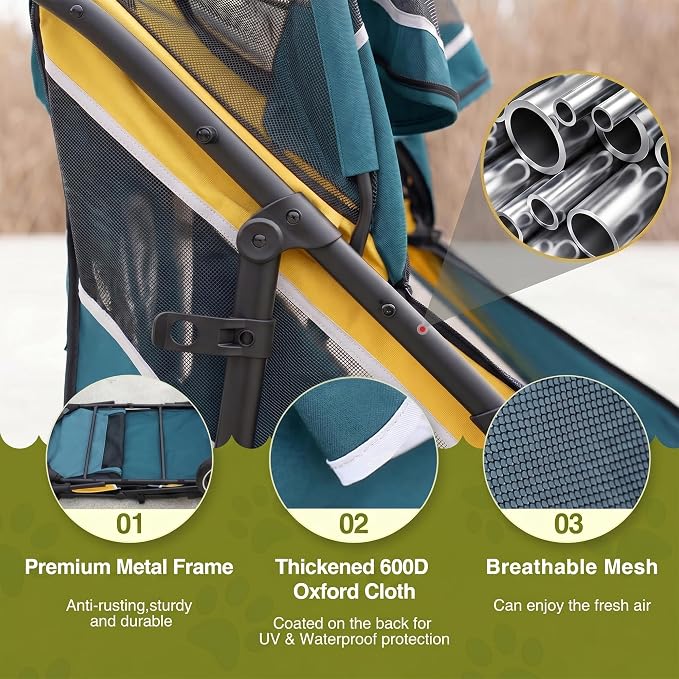 Dog Stroller for Medium/Large Dogs One-Click Folding, Extra Large Pet Stroller for 2 Dogs with Storage Pocket & Shock Absorption, Up to 130 lbs, Blue